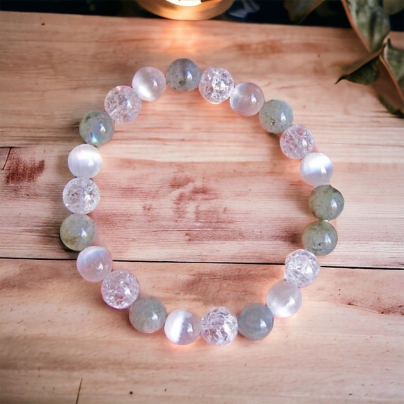 Light worker Handmade Crystal Labradorite Quartz Selenite Stretch Bracelet - Picture 1 of 5